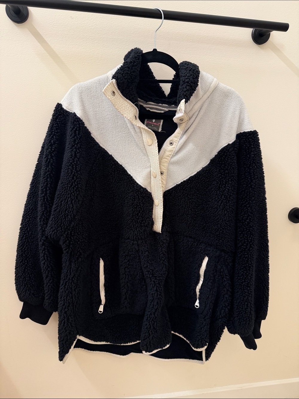 FP Movement by Free People Two-Tone Sherpa Pullover Jacket - Black & Cream